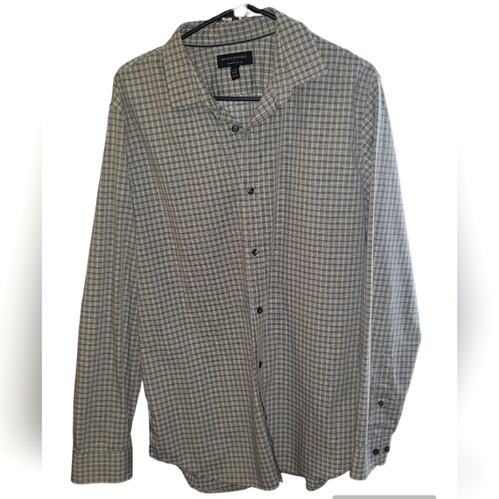 Banana Republic Non-Iron Slim Fit L 16-16.5 34-35  grey white plaid